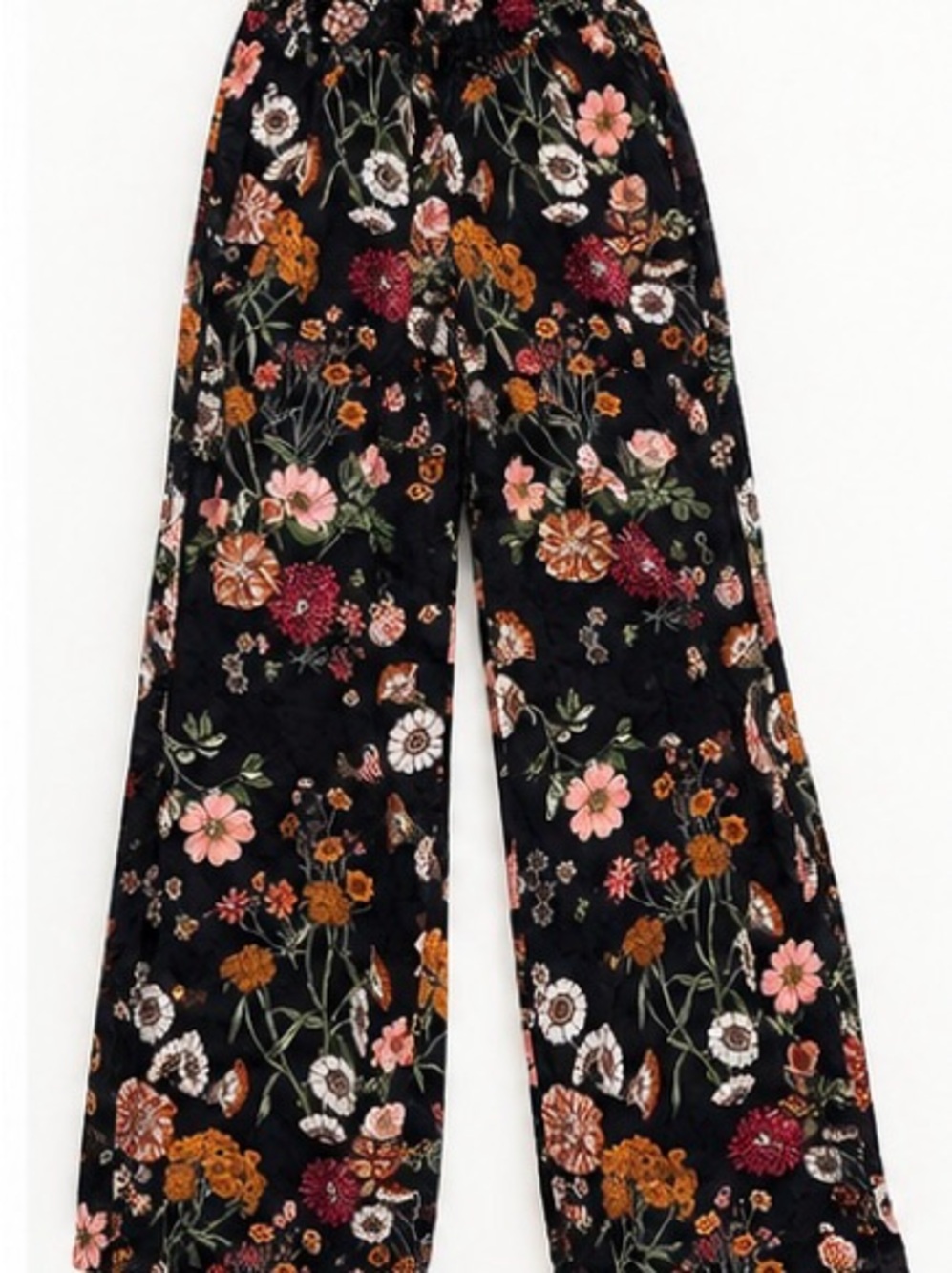 One5One Black Floral Wide-Leg Pants with Pink & Rust Blooms-